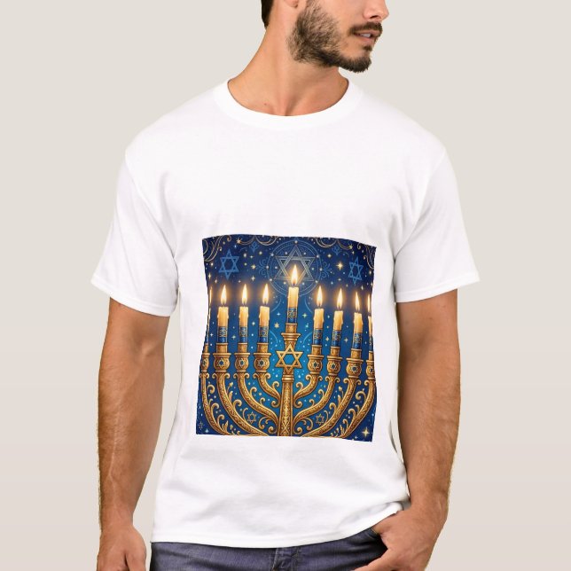 Rik Blå & Guld Juvelbesatt Hanukkah T Shirt (Framsida)
