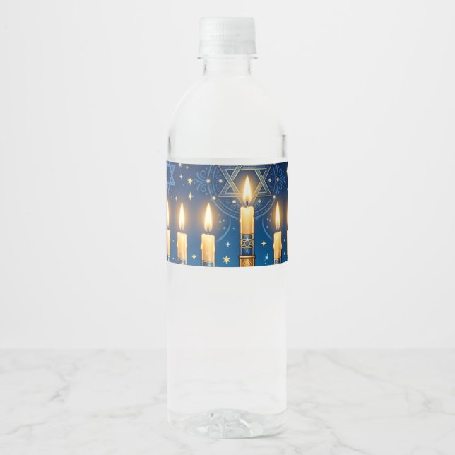 Rik Blå & Guld Juvelbesatt Hanukkah Vattenflaskor Etikett (Framsida)