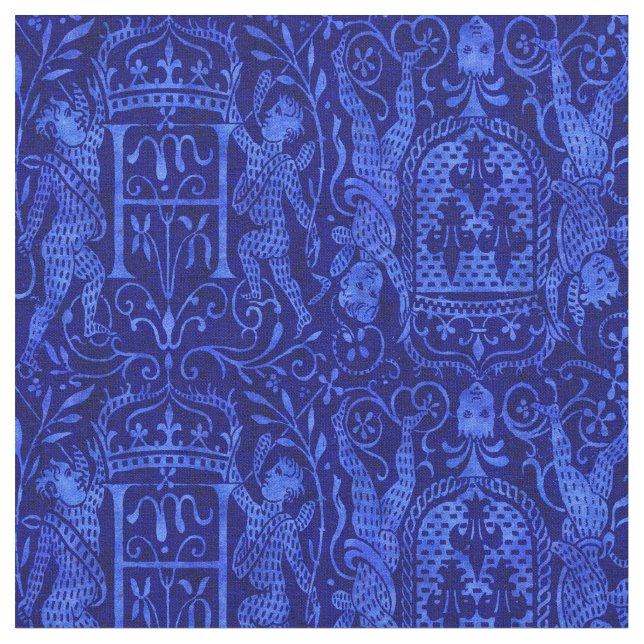 Rik Blue Medieval Tapestry med Cherubs Tyg (Närbild)