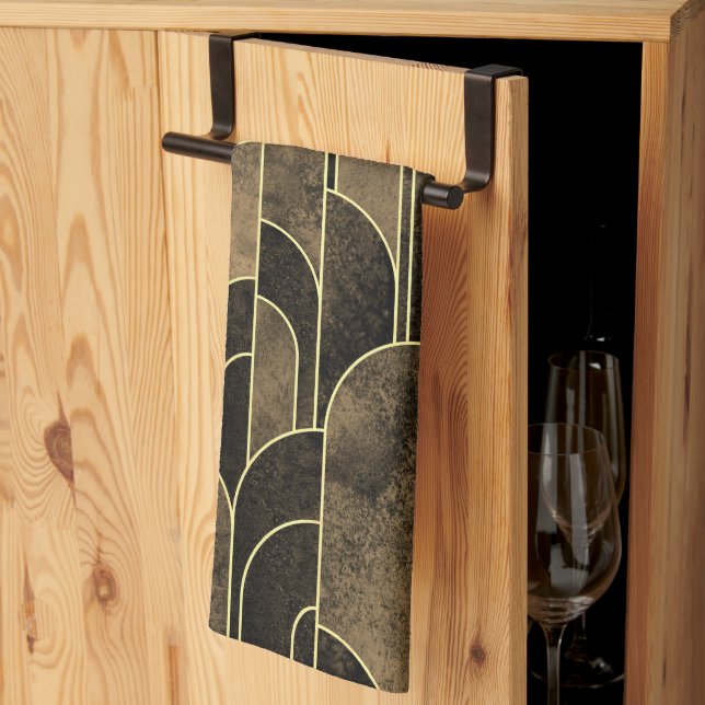 Rik Brown och Guld Art Deco Mönster Kökshandduk (Thirds Fold)