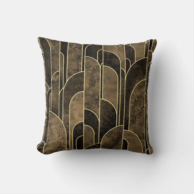 Rik Brown och Guld Art Deco Mönster Kudde (Framsida)