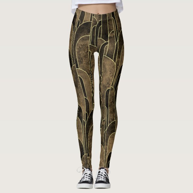 Rik Brown och Guld Art Deco Mönster Leggings (Framsida)