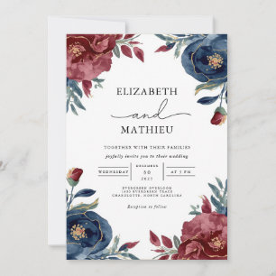 Rik Burgundy Navy Blommigt Garden Wedding Inbjudningar