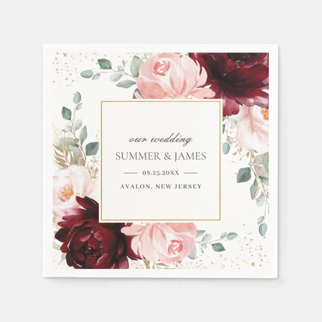 Rik Burgundy  Rosa Blommigt Bröllop Square Pappersservett (Framsidan)