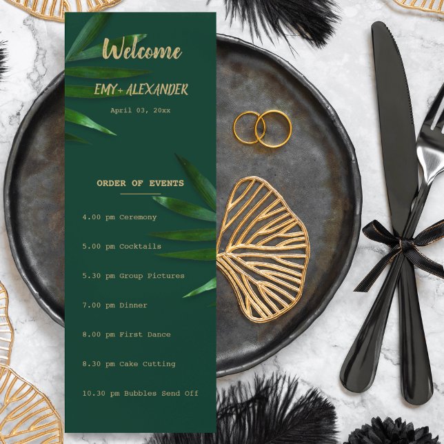 Rik Grönt Golden Tema Program (Wedding timeline card in a Nature green theme )