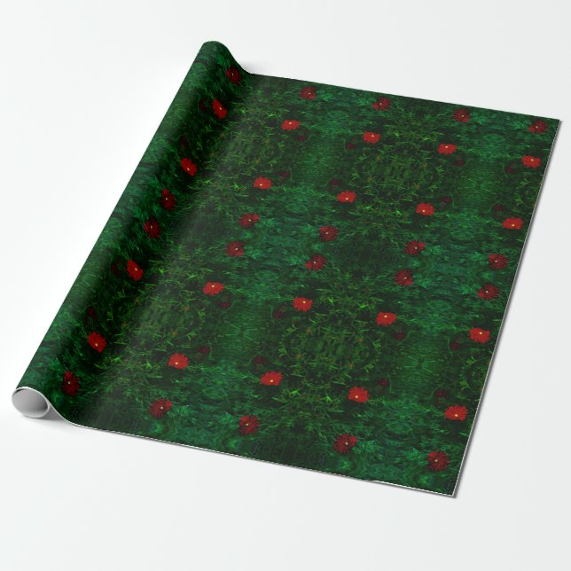 Rik Grönt Red Flowers Festive Wrapping Papper Presentpapper (Utrullad)