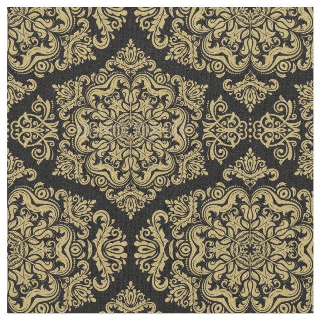 Rik Guld på Black Damask Fabric Tyg (Närbild)