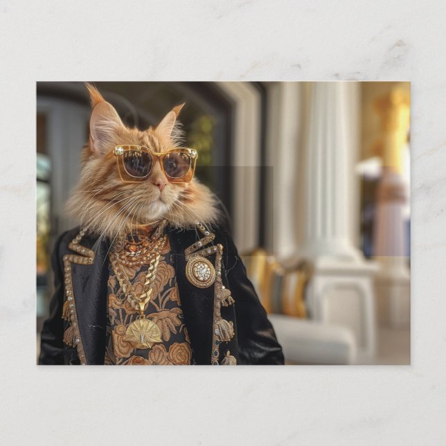 Rik katt framför en mansion vykort (Framsida)