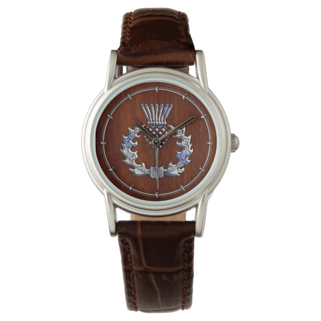 Rik Mahogany Wood Scottish Thistle Print Armbandsur (Framsida)