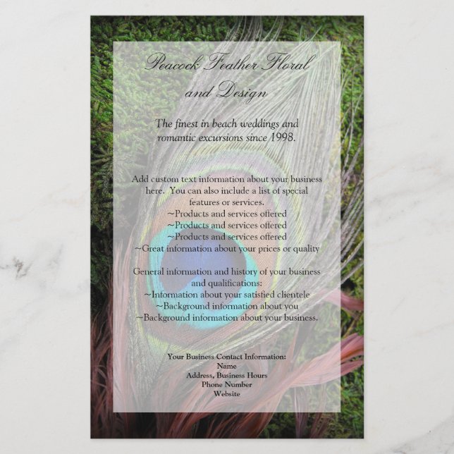 Rik Peacock Feather med Grönt Moss Flygblad (Framsidan)