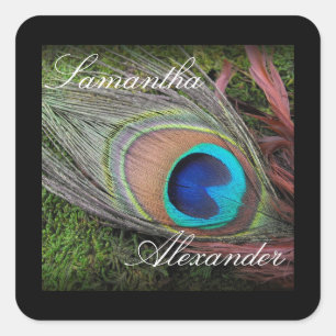 Rik Peacock Feather med Grönt Moss Fyrkantigt Klistermärke