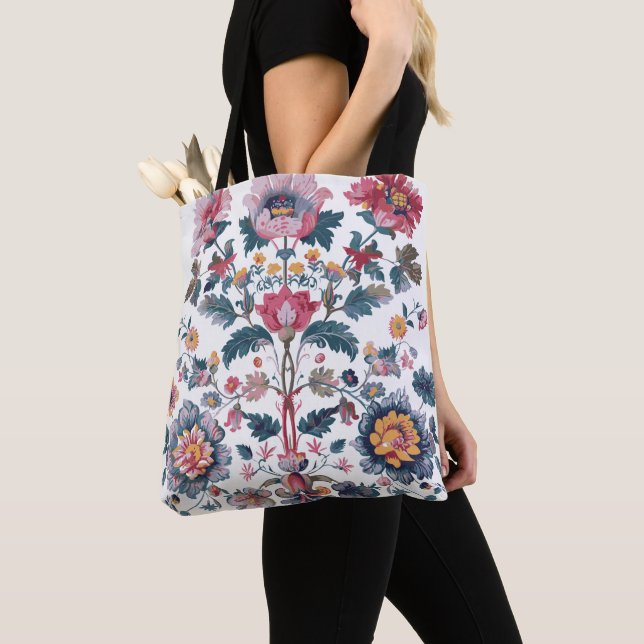 Rik pink blomster folk art mönster handväska | Tra Tygkasse (Närbild)