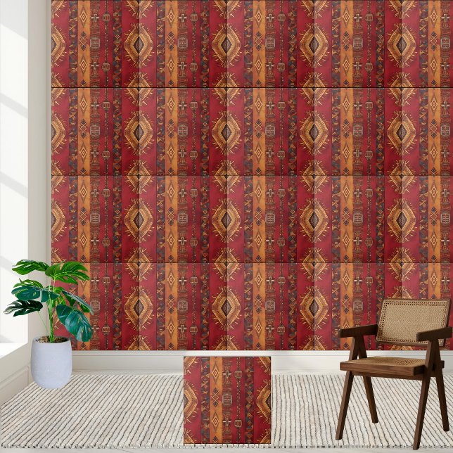 Rik Red and Guld African Design Tile Kakelplatta (Rich Red and Gold African Design Tile)
