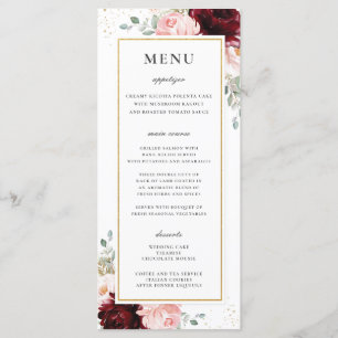 Rik Red Burgundy Rosa Blommigt Bröllop Menu Program