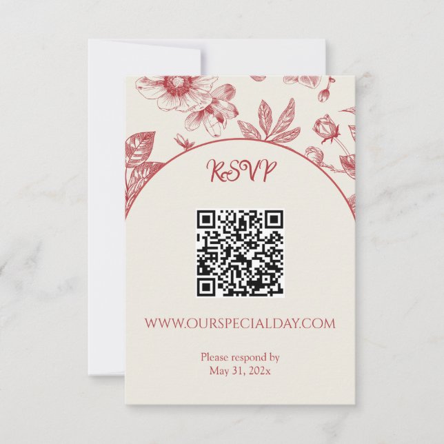 Rik Red Fransk Blommigt Toile Blommigt QR-kod OSA Kort (Framsida)
