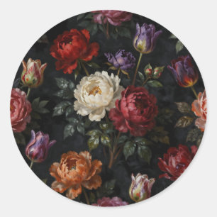 Rik tulipbukett i pionarrangemang med doftande blo runt klistermärke