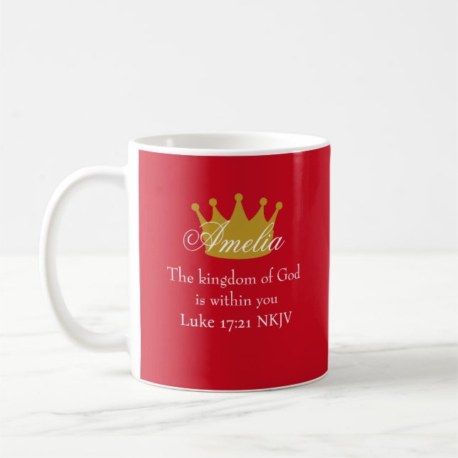 Rikets Gud Bibelvers Namn och Kronan Röd Kaffemugg (Vänster)
