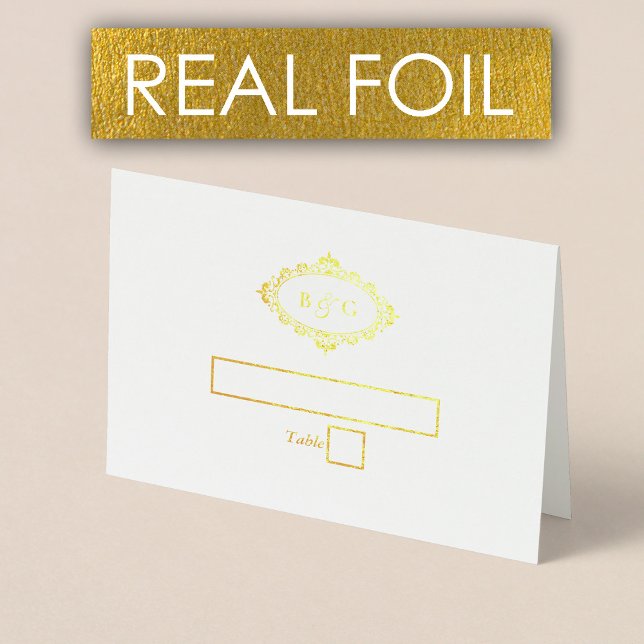 Rikt guldfet utandningskort Elegant bröllop Folierat Kort (Real Gold Foil Wreath Elegant White Place Card)