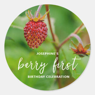 Riktig röd jordgubbsfoto Berry Första födelsedagen Runt Klistermärke