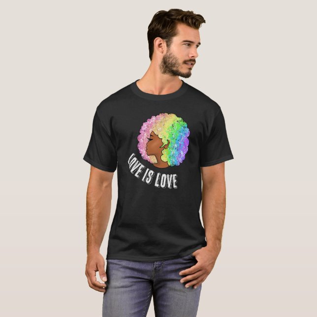 Rinbow afro LGBTQ kärlek är kärlek pride svart fli T Shirt (Hel framsida)