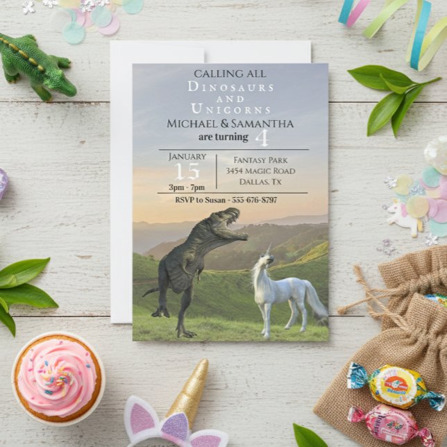 Ring alla Dinosaur Unicorns Twin Party Birthday Inbjudningar (Skapare uppladdad)