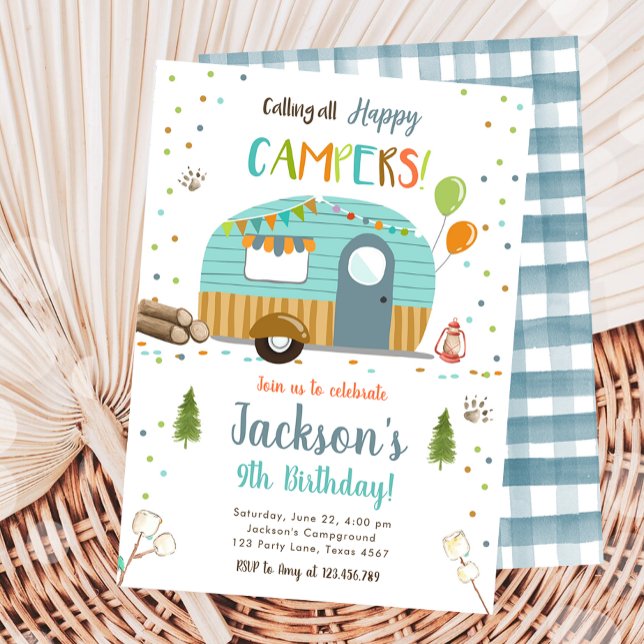 Ring alla Lycklig Campers Camping Boy Birthday Inbjudningar (Skapare uppladdad)
