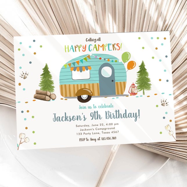 Ring alla Lycklig Campers Camping Boy Birthday Inbjudningar (Skapare uppladdad)