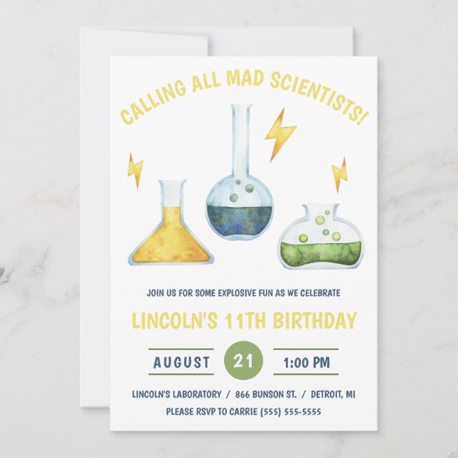 Ring alla mad Scientists! Vetenskaplig Födelsedags Inbjudningar (Framsida)