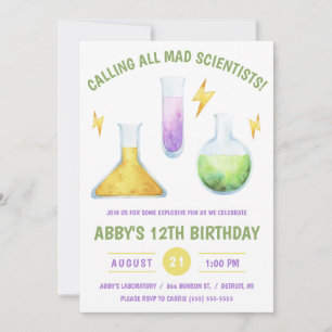 Ring alla mad Scientists! Vetenskaplig Födelsedags Inbjudningar