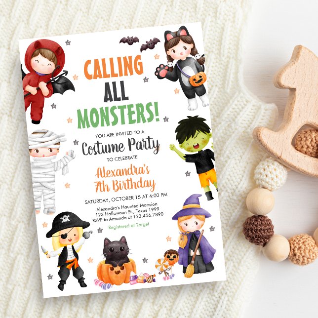 Ring alla monster Costume Halloween Birthday Inbjudningar (Spooky Costume Halloween Birthday Invitation)