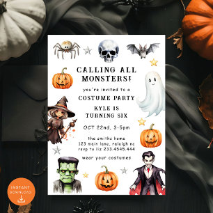 Ring alla monster Costume Halloween Birthday Inbjudningar