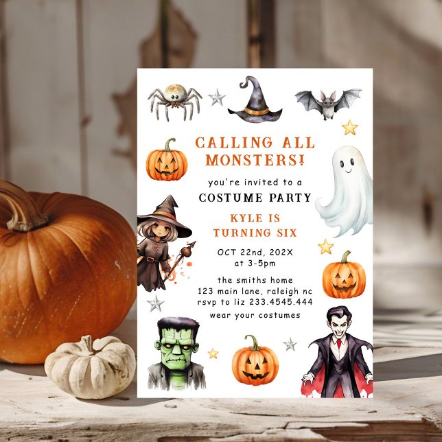 Ring alla monster Costume Halloween Birthday Inbjudningar (Skapare uppladdad)