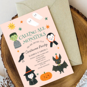 Ring alla monster Cute Halloween Birthday Inbjudningar