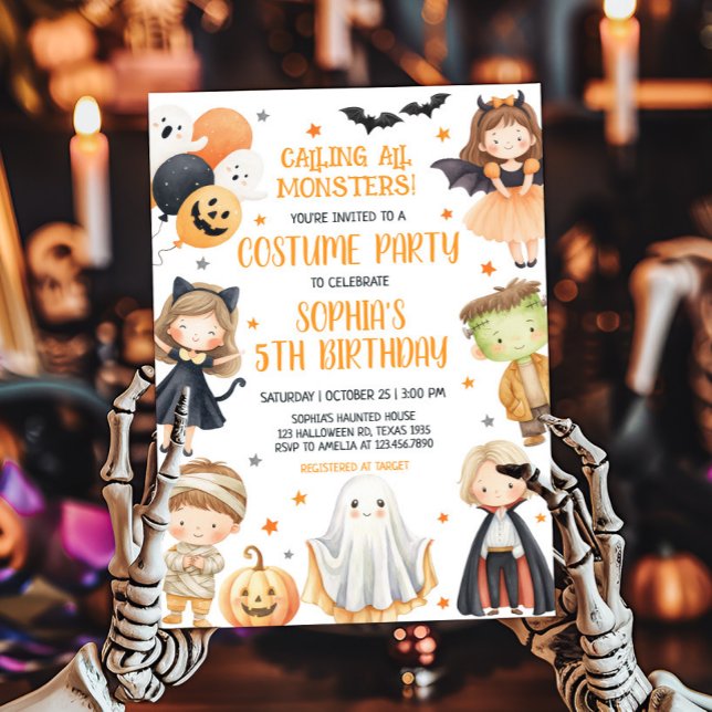 Ring alla monster Halloween Birthday Inbjudningar (Calling All Monsters Costume Halloween Birthday Party Invitation)