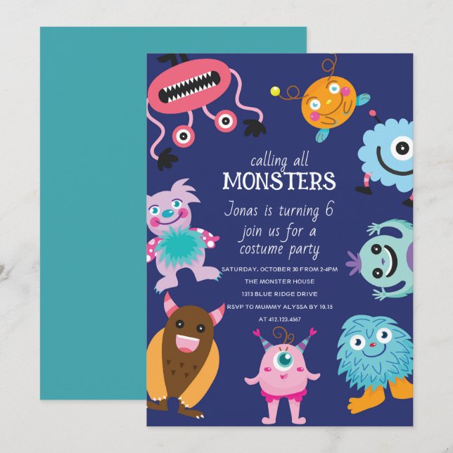 Ring alla monster Halloween Birthday Inbjudningar (Fram/baksida)