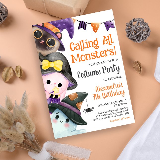 Ring alla monster Halloween Costume Birthday Inbjudningar (Calling All Monsters Costume Halloween Birthday Invitation)
