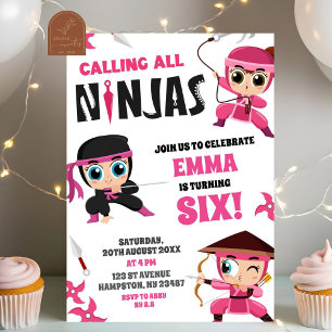 Ring alla Rosa Ninjas Girl Birthday Inbjudningar