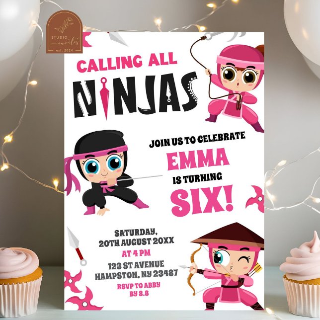 Ring alla Rosa Ninjas Girl Birthday Inbjudningar (Skapare uppladdad)