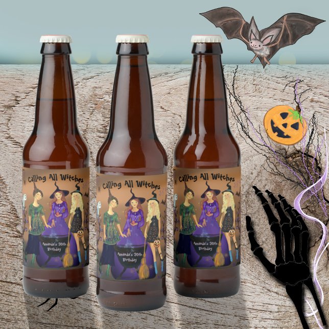 Ring alla vittnar från Halloween-födelsedagen Ölflaska Etikett (Calling All Witches Halloween Birthday Beer Bottle Label)
