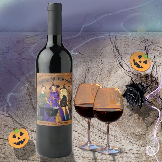 Ring alla vittnar från Halloween-födelsedagen Vinflaska Etikett (Calling All Witches Halloween Birthday Wine Label)