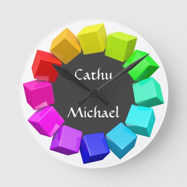 Ring av kuber i regnbågefärger rund klocka (Framsida)