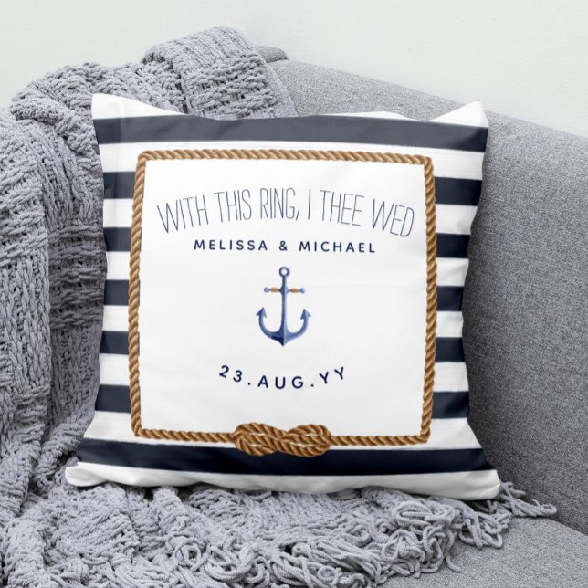 Ring Bearer Bröllop Kudde (Nautical Wedding Ring Bearer Keepsake Pillow with White and Navy Blue Stripes and Infinity Love Knot)