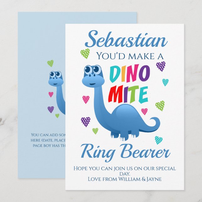 Ring Bearer Page Boy Frieri Dinosaur Card Inbjudningar (Fram/baksida)