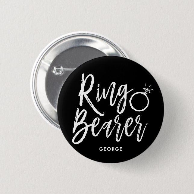 Ring Bearer | Script Stil Blk Personligt bröllp Knapp (Framsida & baksida)