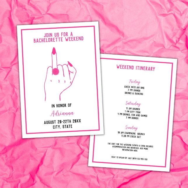 Ring Finger Rosa Bachelorette Girls Helg Inbjudningar (ring finger bachelorette party invitation bold pink weekend itinerary modern fun)
