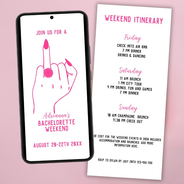 Ring Finger Rosa Bachelorette Helg Itinerary Inbjudningar (ring finger bachelorette party invitation bold pink weekend itinerary chic modern)