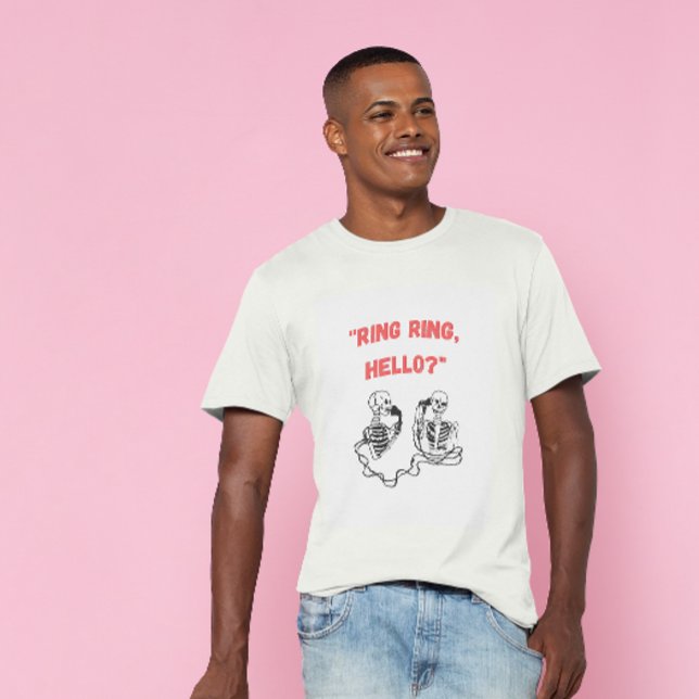 "Ring ring, hej?" 2 Handdragna Skeletons som ringe T Shirt (Skapare uppladdad)