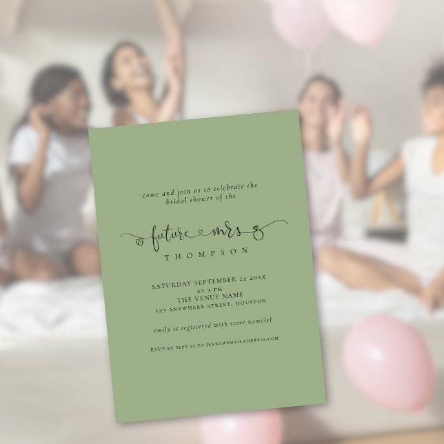 Ring Script Future Mrs Möhippa Sage Möhippa Inbjudningar (Available digitally or printed)