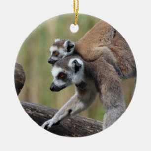 Ring-Tail Lemur Mor och Baby Julgransprydnad Keramik