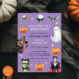 Ring upp alla monster kostym Halloween födelsedag Inbjudningar